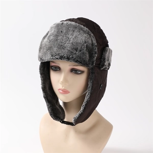 Winter thermal trapper hat in dark brown waterproof fabric with grey faux fur lining