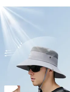 Detail of grey outdoor sun hat featuring breathable mesh fabric and wide brim protection