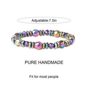 Detail showing adjustable 7.5-inch handmade beaded bracelet with rainbow metallic and purple beads