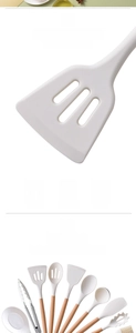 Detail of 14-piece silicone kitchen utensil set with wooden handles and heat resistance