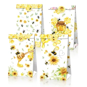 Bee and sunflower themed kraft paper candy gift bags with round sealing stickers