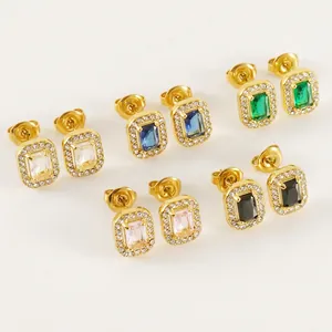 Rectangular Zircon Stud Earrings Stainless Steel 18K Gold Plated Emerald Cut Halo Vintage Ins High End Jewelry For Women