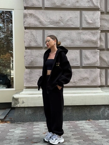 Women's black oversized hooded tracksuit with zipper jacket and wide-leg sweatpants set