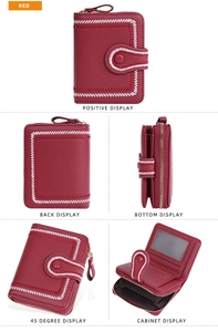 Detailed views of red litchi leather women's wallet with card slots and contrast stitching
