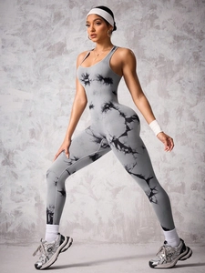 Damen Fitness-Jumpsuit mit Batikmuster in Grau, ärmellos und aus dehnbarem Funktionsstoff