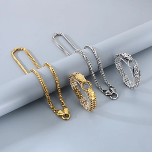 Men's Punk Hip Hop Necklace And Bracelet Stainless Steel Snake Head Braided Bone Chain Vintage Metallic Finish Jewelry