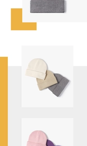 Flat lay of colorful knit beanies in grey, beige, pink and purple on modern background