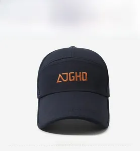 Front detail of navy blue mesh baseball cap featuring orange 3D embroidered logo AJGHO