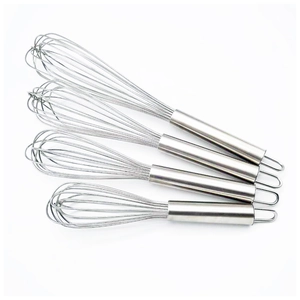 Set of four stainless steel whisk sizes with semi-automatic rotary press design