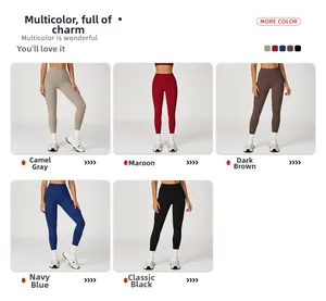 Multiple color options for high waist yoga pants including grey, red, brown, and blue