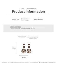 Detailed size specifications for leopard print wooden bead drop earrings with 9.5cm length