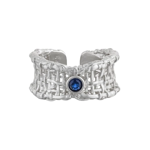 S925 sterling silver woven mesh open ring with blue zircon gemstone inlay for women