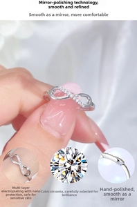 Close-up of S925 silver infinity ring featuring cubic zirconia and mirror polished finish