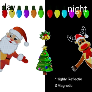 Highly reflective magnetic Christmas decals showing day and night visibility comparison