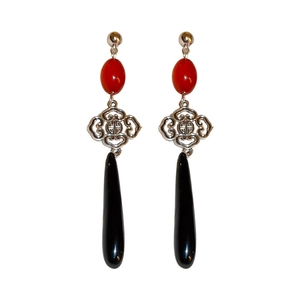 Vintage Chinese knot drop earrings with red agate beads and black teardrop pendants