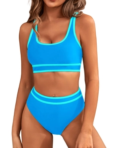 Detail of high-stretch blue sporty bikini set with light teal contrast piping detail