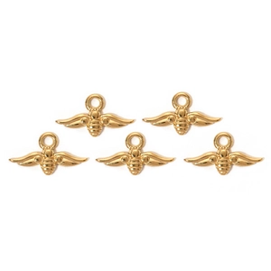 Five gold stainless steel bee charms for jewelry making on a clean white background