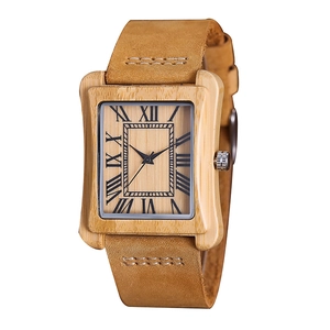 Sleek bamboo square wooden watch with Roman numeral dial and stitched leather strap