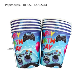 Set of 10 blue game controller paper cups with Level Up and Happy Birthday text