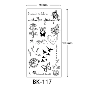 Sketch style black and white flower temporary tattoo sticker with rose and butterfly motifs