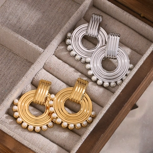 Retro Hoop Earrings Stainless Steel 18K Gold Plated Round Textured Imitation Artificial Pearl Elegant Vintage Style Jewelry For Women