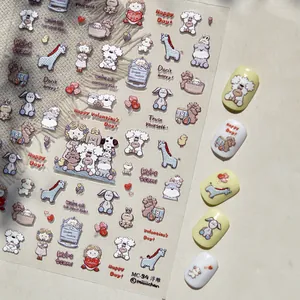Detailed macro view of 5D embossed nail stickers featuring cute cartoon bear and bunny