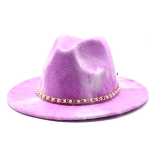 Chapeau Fedora en feutre tie-dye violet avec chaîne dorée et perles style anglais