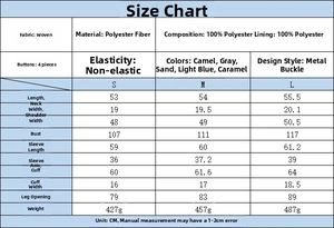Detailed size guide table for women color-block flight jacket with material specifications