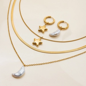 Elegant 18K gold stainless steel jewelry set with freshwater pearl moon and star charms