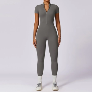 Short sleeve dark grey yoga bodysuit with front zipper closure and full length slim fit