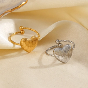 Heart Shape Adjustable Ring Stainless Steel 18K Gold Plated Brushed Texture Minimalist Fashion Jewelry For Women