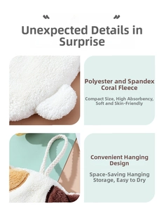 Detail of coral fleece hand towel showing soft texture and woven hanging loop for drying
