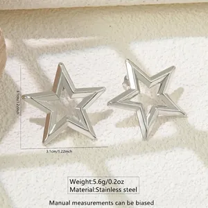 Detailed view of 3.1cm silver star-shaped stainless steel stud earrings with size labels