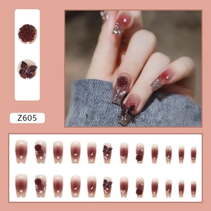 Coral red ombre ballet press-on nails set with 3D camellia flower and butterfly charms