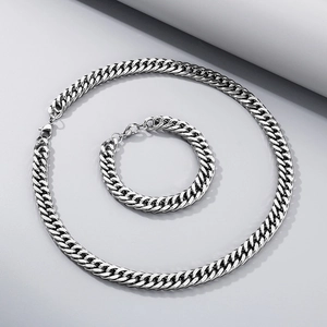 Detailed view of silver stainless steel Cuban link chain necklace and bracelet set