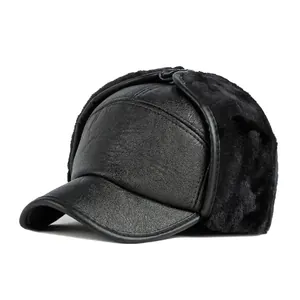 Casquette d'hiver en cuir PU pour homme avec protège-oreilles en peluche chaude