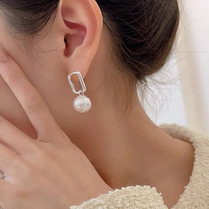 Minimalist S925 silver pearl drop earrings with geometric rectangular metal frame for women