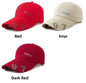 Three cotton canvas baseball caps in red, beige and maroon with 9V7 Sport printed logo