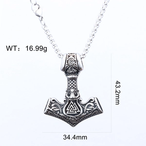 Detailed view of silver Viking Mjolnir pendant with dimensions 43.2mm by 34.4mm