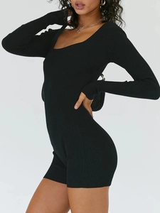 Side view of black long sleeve square neck yoga bodysuit with knitted elastic fabric