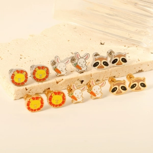 Cute stainless steel animal stud earrings set featuring lion rabbit and raccoon designs