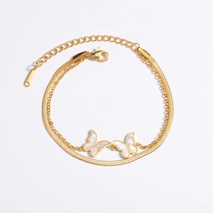 Double Layer Butterfly Bracelet 14K Gold Plated Stainless Steel Snake Link Chain Mother Of Artificial Pearl Shell Elegant Jewelry For Women