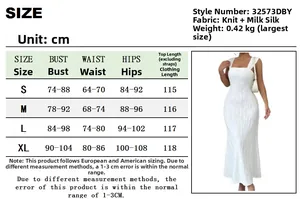 Detailed size chart for the white striped square neck backless knit maxi dress
