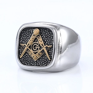 Vintage silver and gold Masonic square and compass signet ring for men in stainless steel