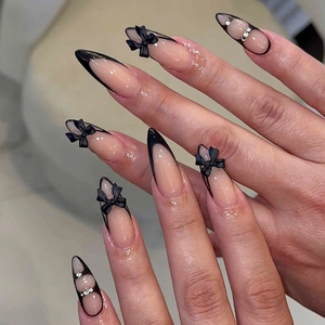 French Black Tip Press On Nails Long Almond With 3D Bow Rhinestones Elegant Nude Pink Fake Nails