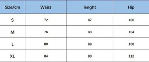 Detailed size chart for women's denim skirt including waist, length, and hip measurements