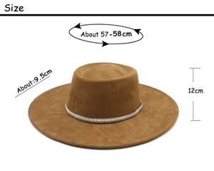 Detail view of camel suede wide brim fedora with pearl chain and size specifications