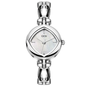 Elegant silver quartz watch for women with rhombic mother of pearl dial and chain bracelet