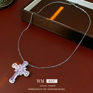Cross Pendant Necklace Copper With Pink Zircon Clavicle Chain Elegant Light Luxury Fashion Jewelry Gift For Women