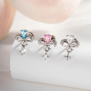 Fleur De Lis Cartilage Stud Earring Titanium Steel Copper Zircon Teardrop Pear Shape Screw Back Piercing Jewelry For Women
